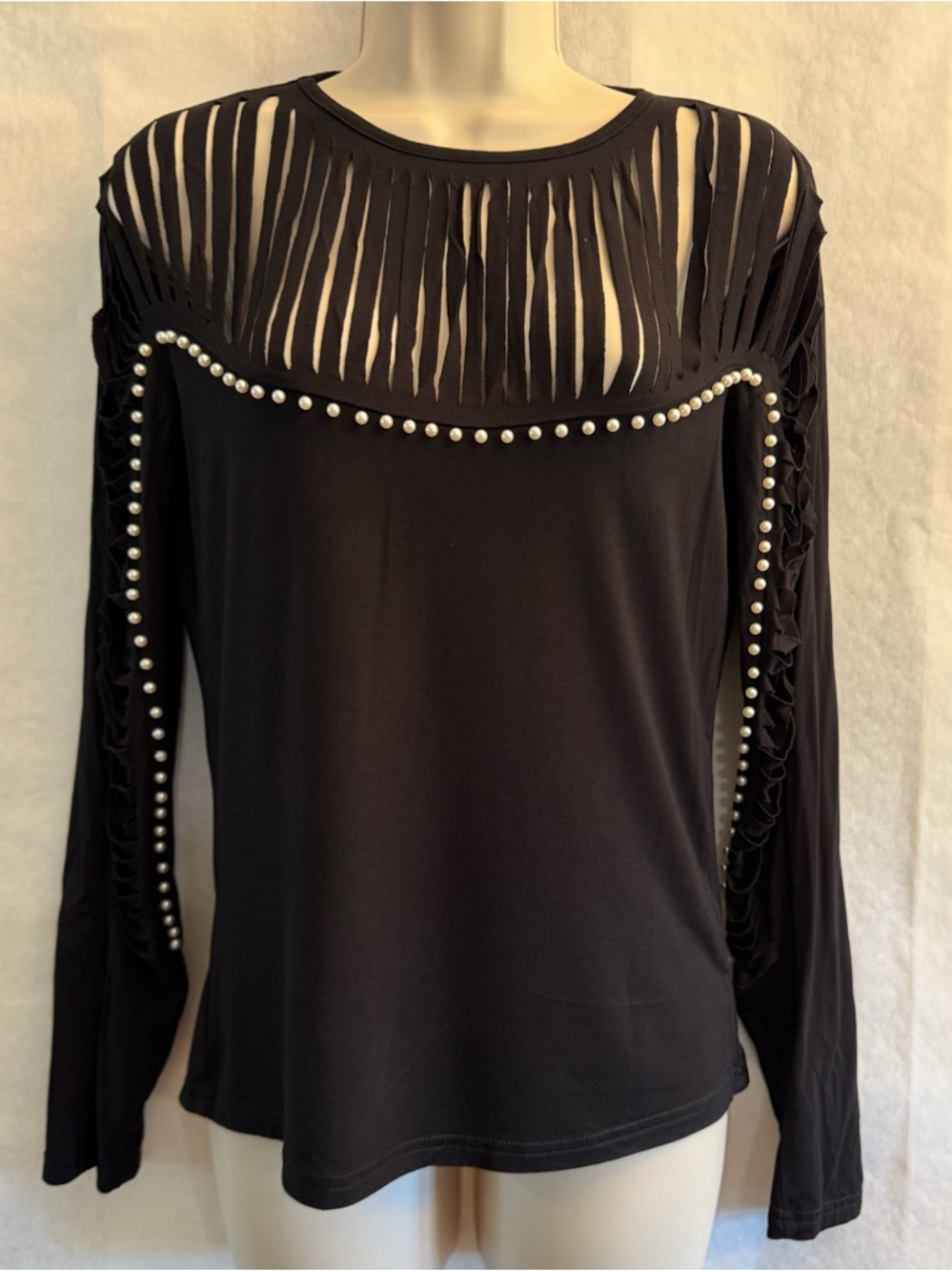 Black Long-Sleeve‎ Slit & Pearl Detail Women's Blouse Top Sz- M. C6